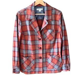 Pendleton Vintage Sz L Petite Wool Plaid Light Weight Cardigan Blazer Fall Tones